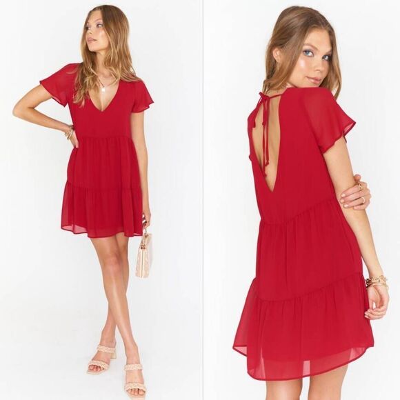 Show Me Your Mumu Cia Mini Dress Women's Medium Red Cherry Sheer Flutter Sleeve - Picture 1 of 7